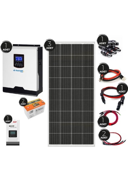 Teknovasyon Arge Güneş Enerjisi Solar Paketi 1kva Inverter 200 Watt Güneş Paneli 100 Amper Jel Akü