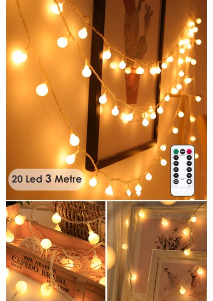 20 Ledli Kumandalı 8 Modlu Dekoratif Top LED Yılbaşı Süsü Ağaç Süsleme Parti Organizasyon Sarı Işık Pilli