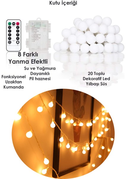 20 Ledli Kumandalı 8 Modlu Dekoratif Top LED Yılbaşı Süsü Ağaç Süsleme Parti Organizasyon Sarı Işık Pilli