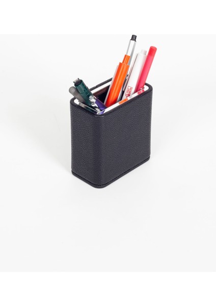 Masaüstü Deri Krom Detaylı Kalemlik Siyah