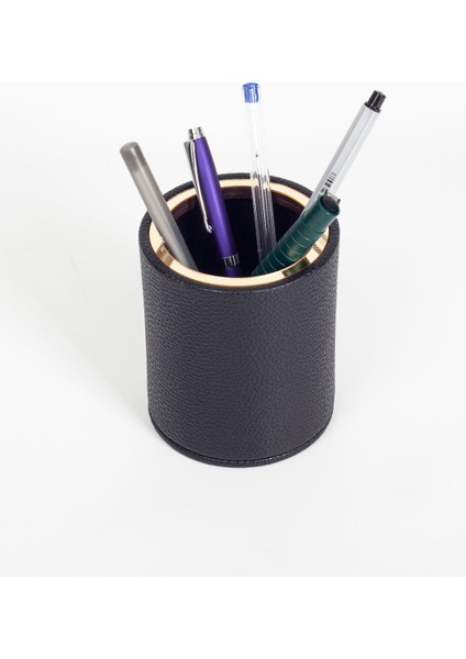 Masaüstü Deri Oval Gold Detaylı Kalemlik Siyah modelleri