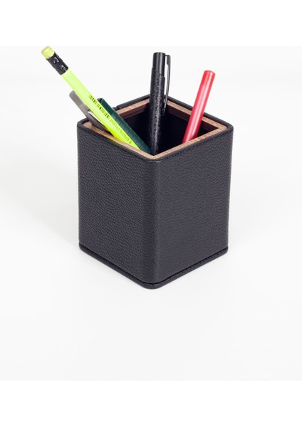 Masaüstü Kare Ahşap Detaylı Kalemlik Siyah