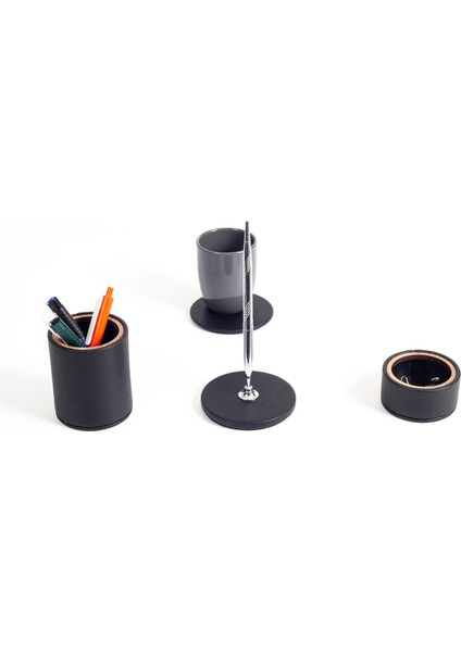 Polo Deri Masaüstü Seti 4 Parça Ahşap Detaylı Krom Kalemli