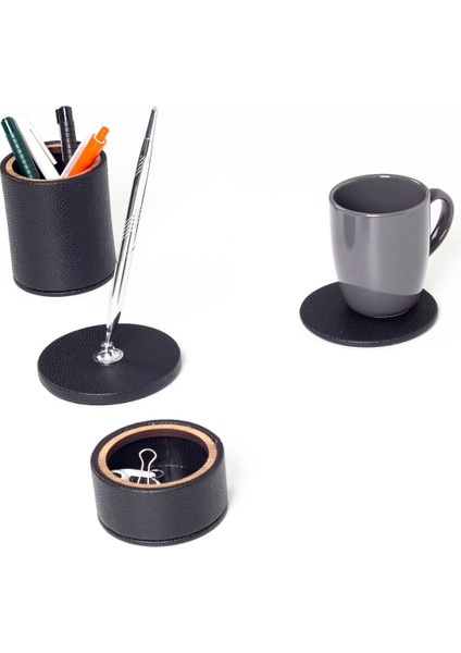 Polo Deri Masaüstü Seti 4 Parça Ahşap Detaylı Krom Kalemli modelleri