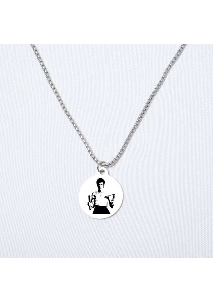 Bruce Lee Temalı Yuvarlak Çelik Kolye