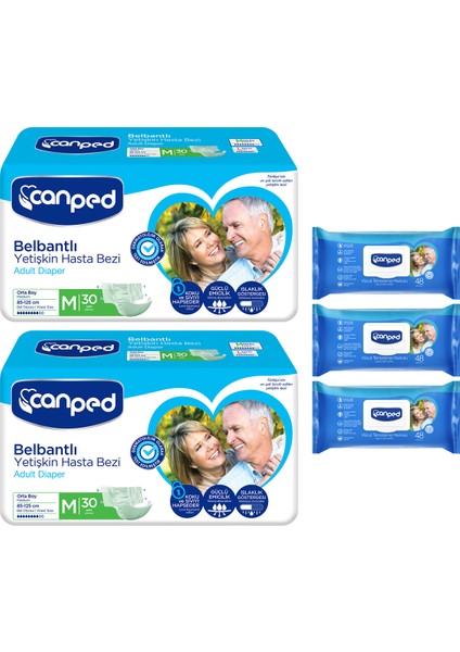 Belbantlı Yetişkin Hasta Bezi M (85-125CM) 30'lu 2 Paket 60 Adet + Vücut Temizleme Mendili