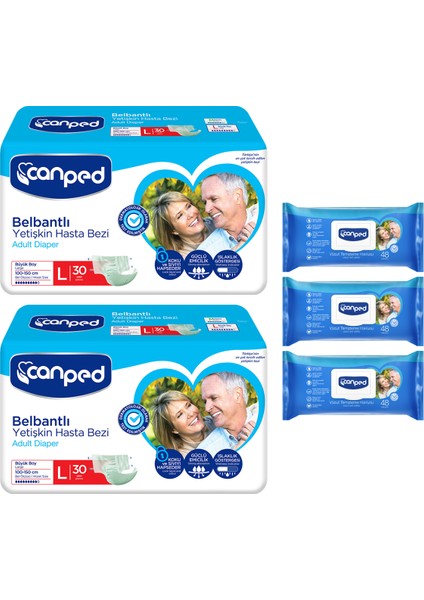 Belbantlı Yetişkin Hasta Bezi L (100-150) 30'lu 2 Paket 60 Adet + Vücut Temizleme Mendili