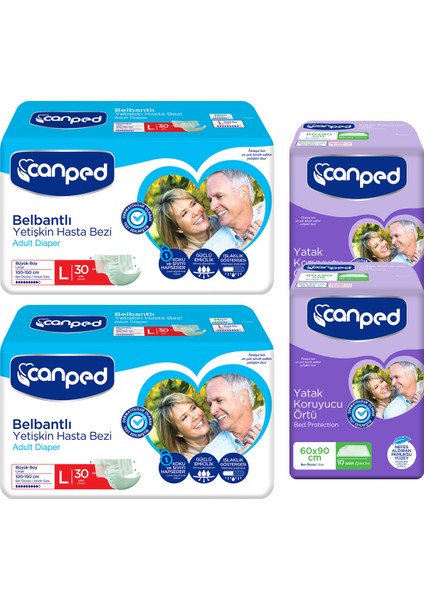 Belbantlı Yetişkin Hasta Bezi L (100-150) 30'lu 2 Paket 60 Adet + Yatak Koruyucu