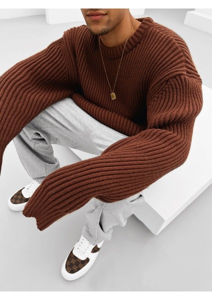 Extra Oversize Fitilli Örme Kazak Kahverengi fiyatları
