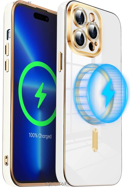 iPhone 14 Pro Uyumlu Kılıf Manyetik Magsafe Halkalı Parlak Renkli Gold Kenarlı Yeşil