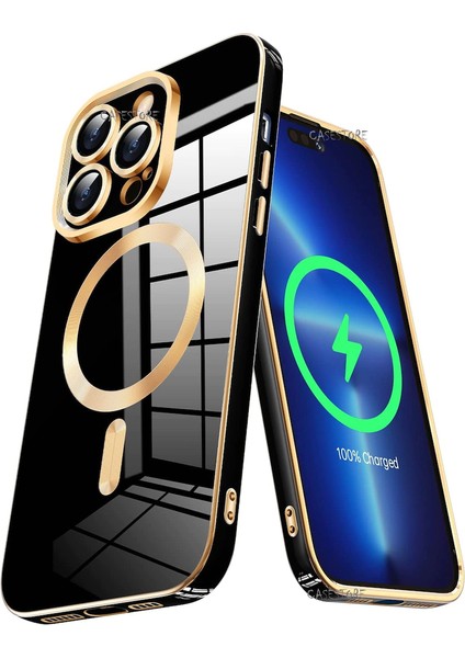 iPhone 14 Pro Uyumlu Kılıf Manyetik Magsafe Halkalı Parlak Renkli Gold Kenarlı Yeşil
