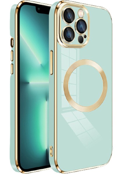 iPhone 14 Pro Uyumlu Kılıf Manyetik Magsafe Halkalı Parlak Renkli Gold Kenarlı Yeşil