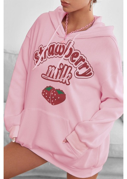 Kadın Pembe Çilek Baskılı 3 Iplik Şardonlu Kapüşonlu Kanguru Cepli Oversize Salaş Hoodie Sweatshirt