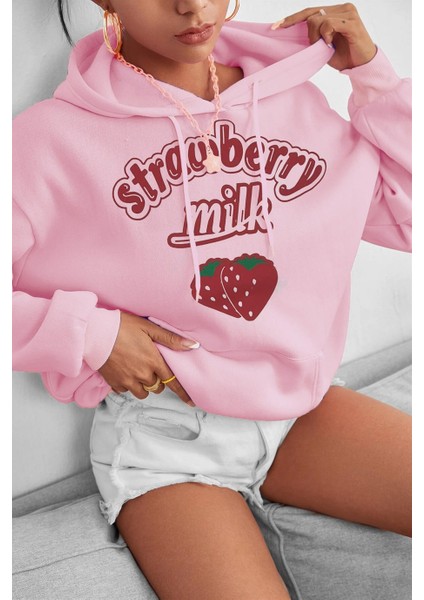 Kadın Pembe Çilek Baskılı 3 Iplik Şardonlu Kapüşonlu Kanguru Cepli Oversize Salaş Hoodie Sweatshirt