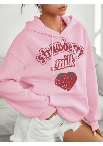 Kadın Pembe Çilek Baskılı 3 Iplik Şardonlu Kapüşonlu Kanguru Cepli Oversize Salaş Hoodie Sweatshirt