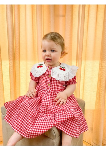 Mila Kids Kız Çocuk Kız Bebek Elbise Kırmızı Pötikareli Fisto Kenar Kiraz Yaka