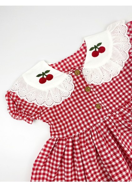 Mila Kids Kız Çocuk Kız Bebek Elbise Kırmızı Pötikareli Fisto Kenar Kiraz Yaka modelleri