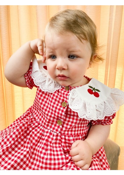Mila Kids Kız Çocuk Kız Bebek Elbise Kırmızı Pötikareli Fisto Kenar Kiraz Yaka fırsatları