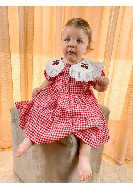 Mila Kids Kız Çocuk Kız Bebek Elbise Kırmızı Pötikareli Fisto Kenar Kiraz Yaka indirimleri