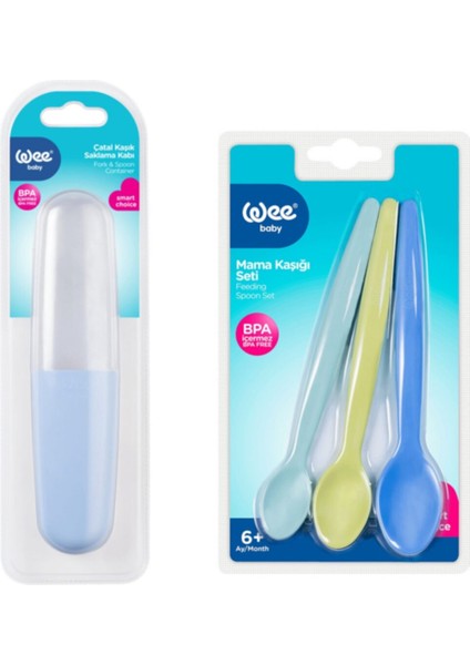 Mavi Çatal Kaşık Saklama Kabı + 3'lü Mama Kaşığı Set
