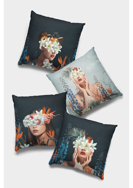 Çift Taraflı 4'lü Kırlent Kılıfı 43 x 43 cm Gizli Fermuar Dokuma Tay Tüyü Premium Kumaş 4KR037