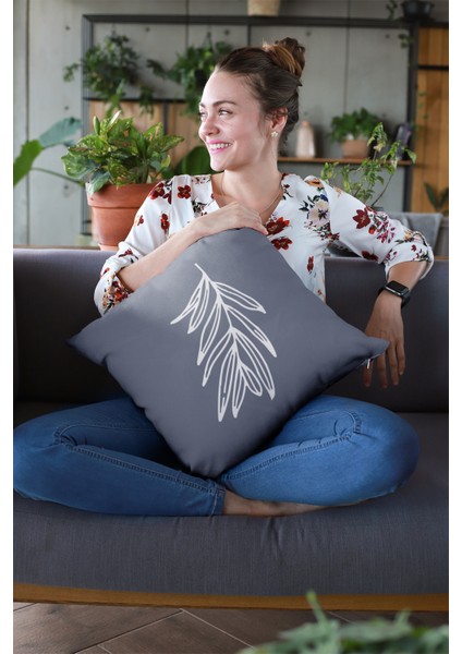 Tay Tüyü Dokuma Premium Kumaş Çift Taraflı Kırlent Yapraklı Yastık Kılıfı 43 x 43 cm KRL032