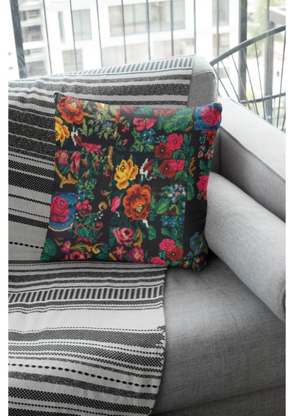 Dokuma Kumaş Premium Tay Tüyü Çift Taraflı Kırlent Yastık Kılıfı Patchwork 43 x 43 cm KRL290