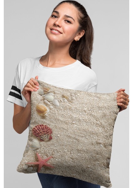 Premium Tay Tüyü Dokuma Kumaş Çift Taraflı Kırlent Yastık Kılıfı 3D Deniz Kabukları 43 x 43 cm KRL125