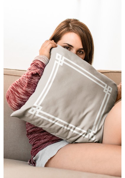 Çift Taraflı Kırlent Yastık Kılıfı Çerçeveli Dokuma Premium Tay Tüyü Kumaş 43 x 43 cm KRL278 fırsatları
