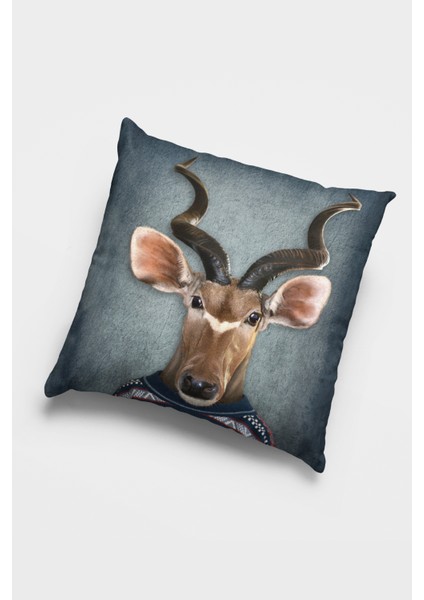 Premium Kıyafetli Antilop Tay Tüyü Dokuma Kumaş Çift Taraflı Kırlent Kılıfı 43 x 43 cm KRL951