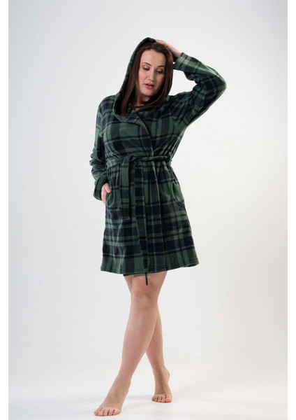 Kadın Büyük Beden Kapüşonlu Yeşil Polar Sabahlık 201025-0357 fırsatları