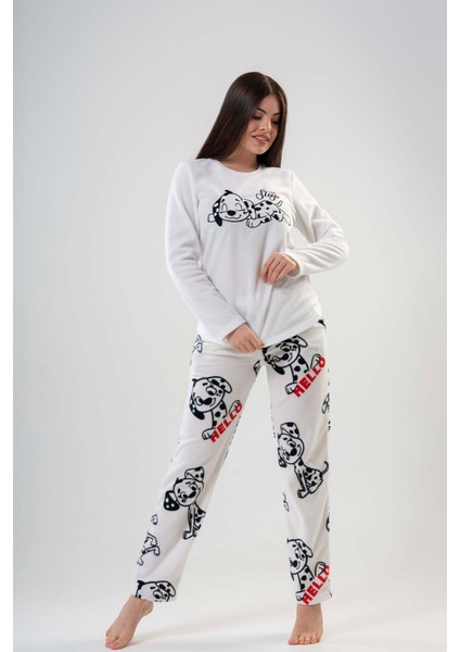 Kadın Polar Uzun Kol Beyaz Pijama Takımı 203042-0356