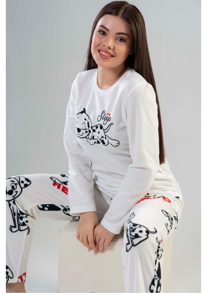 Kadın Polar Uzun Kol Beyaz Pijama Takımı 203042-0356