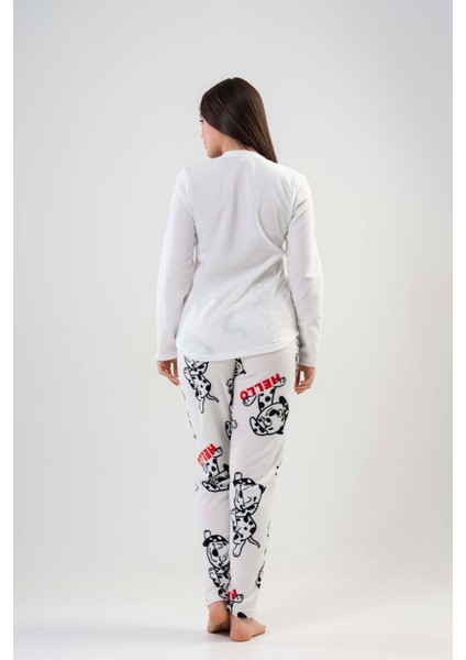Kadın Polar Uzun Kol Beyaz Pijama Takımı 203042-0356