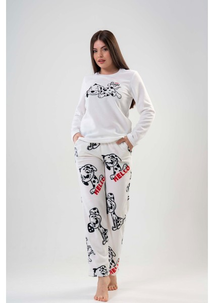 Kadın Polar Uzun Kol Beyaz Pijama Takımı 203042-0356