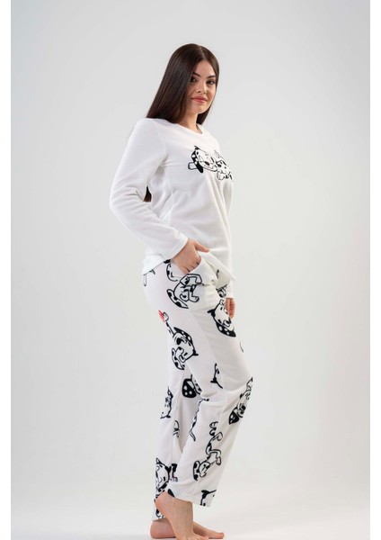 Kadın Polar Uzun Kol Beyaz Pijama Takımı 203042-0356