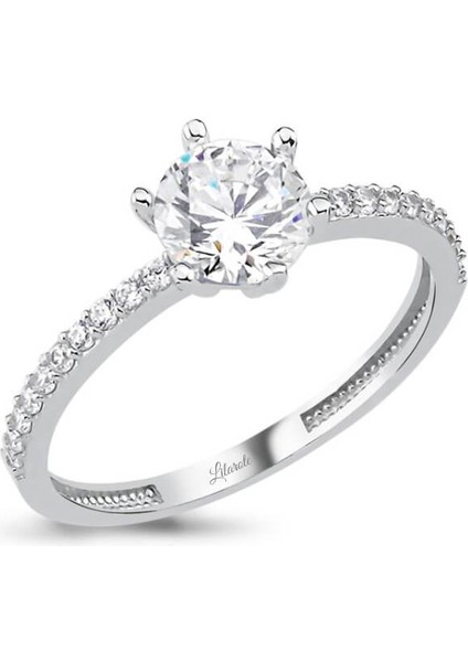 Kolları Taşlı Beyaz Altın Tektaş Yüzük