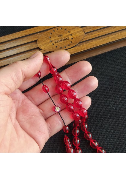 8X11 mm Mesut Elma Usta Işçilikli Sıkma Kehribar Tesbih Imzalı Sistemli Tespih Ahşap Kutulu