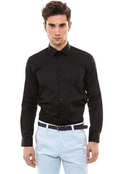 Pamuk Saten Slimfit Siyah Gömlek fırsatları
