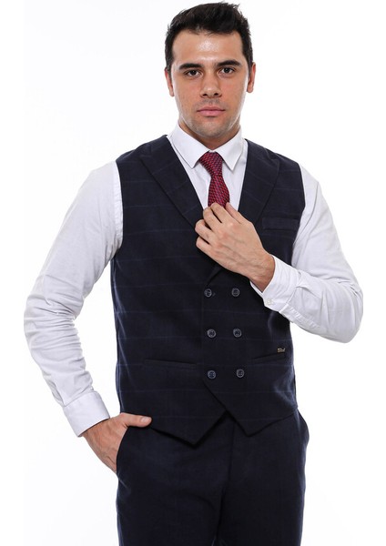 Kruvaze Yakalı Kareli Desenli Lacivert Yelek fiyatları