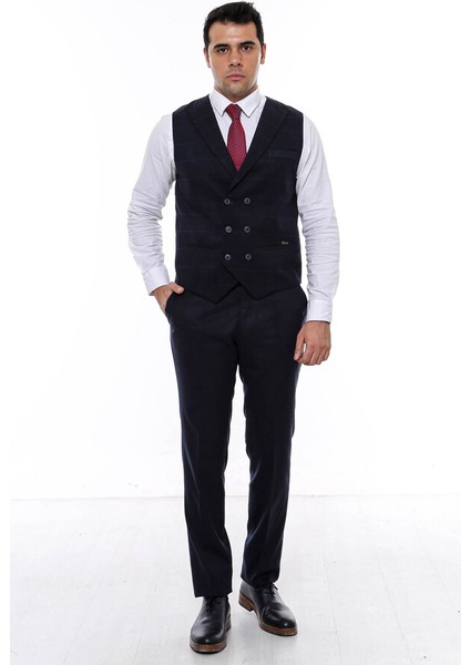 Kruvaze Yakalı Kareli Desenli Lacivert Yelek modelleri