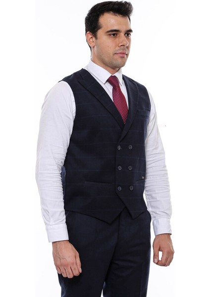 Kruvaze Yakalı Kareli Desenli Lacivert Yelek indirimleri