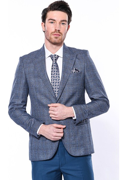 Ekose Lacivert Tek Düğme Slim Fit Ceket Wessi