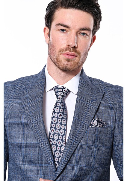 Ekose Lacivert Tek Düğme Slim Fit Ceket Wessi