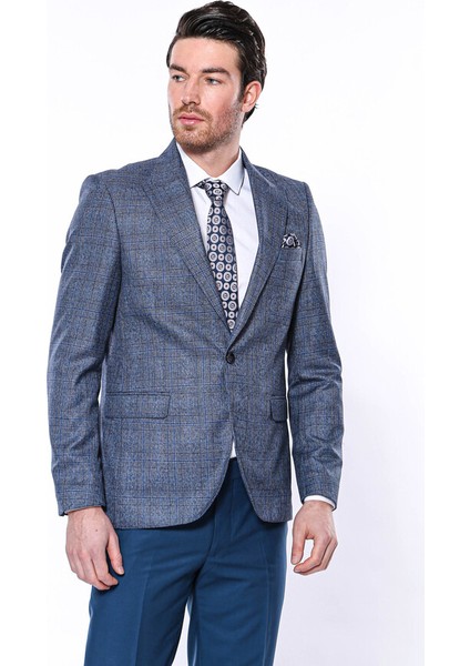Ekose Lacivert Tek Düğme Slim Fit Ceket Wessi