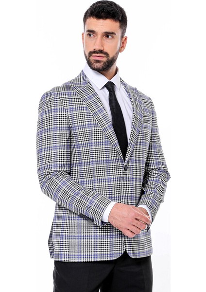 Siyah Mavi Ekose Desenli Slim Fit Ceket