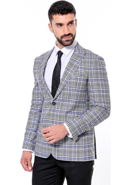 Siyah Mavi Ekose Desenli Slim Fit Ceket