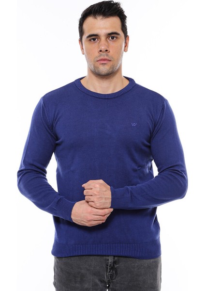 Lacivert Bisiklet Yaka Slimfit Desensiz Triko