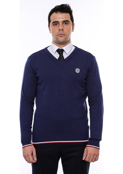 Lacivert V Yaka Slimfit Triko