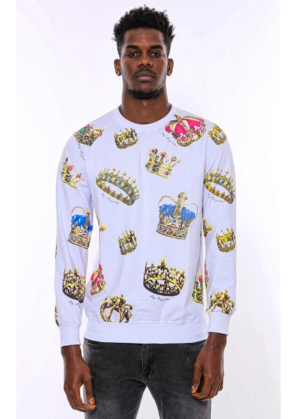 Beyaz Baskılı Taşlı Bisiklet Yaka Sweatshirt